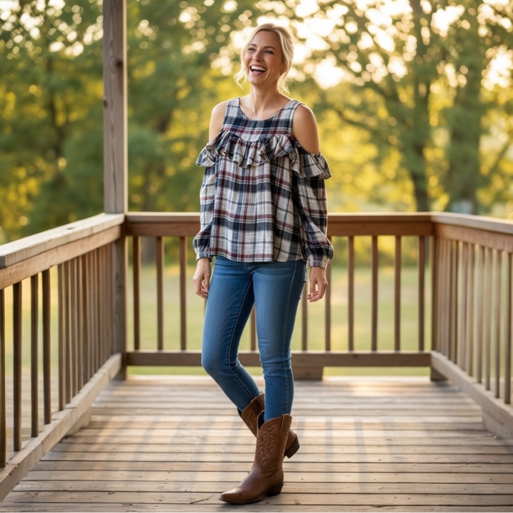 DOE & RAE Women’s Long Sleeve Cold Shoulder
Red, Navy, Wht Plaid Top Ruffles Sm